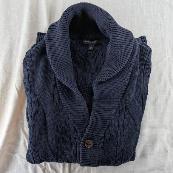 Banana Republic $128 Medium Navy Blue Cable Knit Shawl Collar Cardigan Sweater - Picture 11 of 12